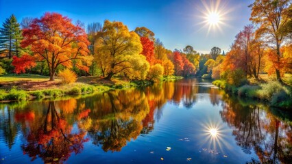 Vibrant autumn landscape in idyllic style with colorful trees along serene river under radiant sunshine and clear blue sky.