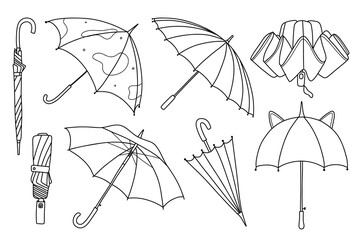 Set of Umbrella in doodle style isolated on white background. Umbrella season. Linear open umbrella. Vector illustration.