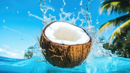 A coconut with water splashing out of it