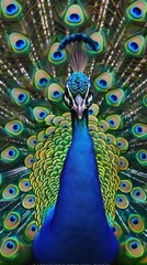 A vibrant peacock with striking blue, green, and yellow feathers spreads its tail, displaying intricate eye-like patterns in a captivating display