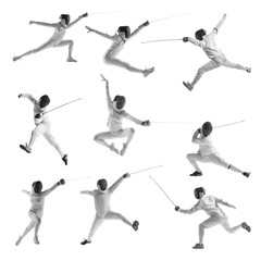 Collage. Dynamic images of male athlete in fencing costume with sword in hand in action isolated on...