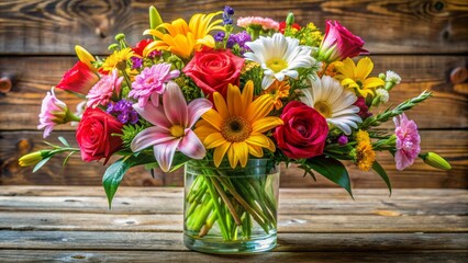 Fototapeta premium Vibrant colorful mixed flower bouquet arrangement with roses daisies and lilies in a delicate transparent glass vase on wooden table.
