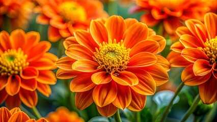 Fototapeta premium Vibrant orange petals with yellow stamens and green leaves against a soft, blurred background, showcasing intricate floral textures.