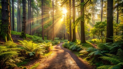 Obraz premium Serene forest clearing cedes to winding dirt path, sun-dappled trunks and ferns framing the auspicious beginning of an untrod journey.