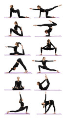 Young sportive woman in black sportswear training, doing yoga and stretching, pilates exercises isolated over white background. Collage. Concept of sport, health, hobby, youth, lifestyle, ad