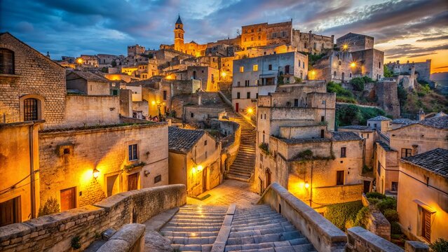 Ancient limestone Sassi di Matera dwellings glow golden amidst rustic alleys and stairways at tranquil twilight in southern Italy.