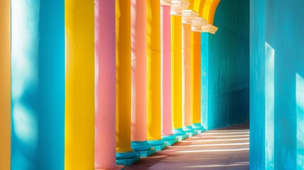 Obraz premium Colorful abstract rainbow painted building columns, vibrant hues intertwining in an artistic display, creating a dynamic and eye-catching architectural motif