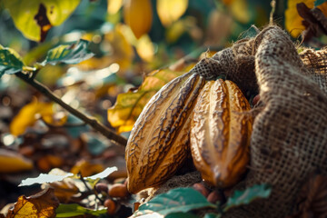an arrangement of cocoa beans scattered on rustic burlap, surrounded by leaves and cocoa pods. Cocoa beans in a bag