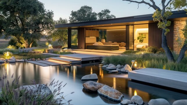 Modern ranch with a custom-built, outdoor yoga studio surrounded by tranquil water features and soft, ambient lighting