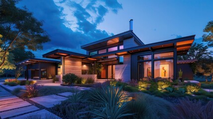 Modern ranch with a dynamic, adjustable lighting system that changes the color of the exterior at night
