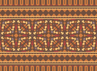 Pixel Ethnic Oriental Pattern Traditional Design for Clothing Fabric Textile Aztec African Indonesian Indian Seamless Pattern. Cross Stitch Embroidery Seamless.