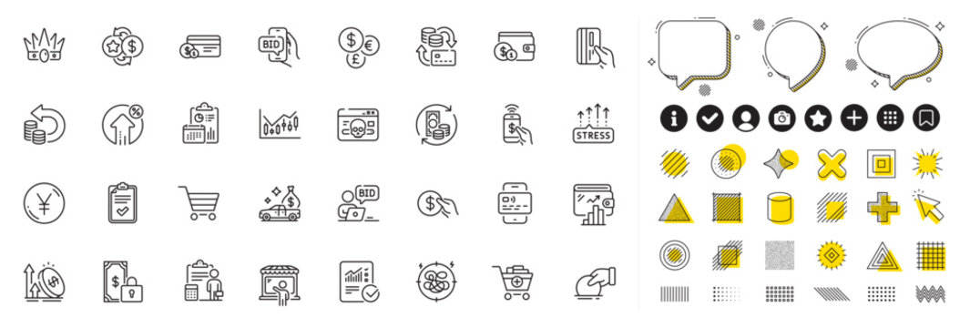 Set of Market seller, Financial diagram and Market sale line icons for web app. Design elements, Social media icons. Payment, Add products, Wallet icons. Vector