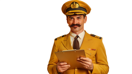 Confident Airline Pilot in Uniform Holding a Clipboard