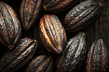 background of cocoa beans arranged symmetrically on a dark wooden background, emphasizing their uniformity and natural shine. highlights bean texture and rich brown colors