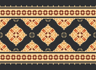 Pixel Ethnic Oriental Pattern Traditional Design for Clothing Fabric Textile Aztec African Indonesian Indian Seamless Pattern. Cross Stitch Embroidery Seamless.