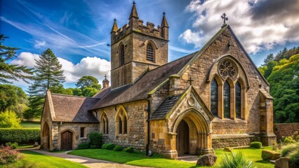 Fototapeta premium Ancient stone church with intricate stained glass windows, towering bell tower, and lush greenery surrounding its historic exterior facade.