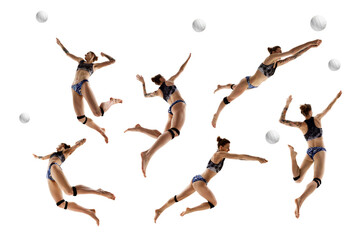 Collage. Female sportsman, beach volleyball player in motion, training, playing against white studio background. Concept of sport games, movement, championship, power, strength. © Lustre Art Group 