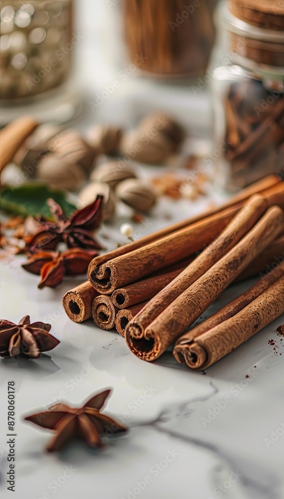 Aufkleber a close-up shot of a variety of baking spices arranged on a kitchen countertop. the spices include c