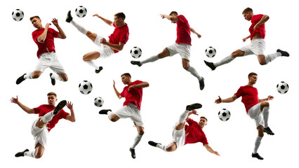 Collage. Dynamic images of young man, soccer player in red jersey and white shorts, playing, training isolated on whit background. Concept of sport games, hobby, energy, world cup season, movement. Ad © Lustre Art Group 