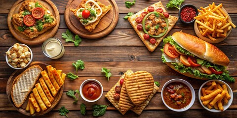 Top-Down View of a Delicious Spread of Food on Wooden Table, Appetizers, Sandwiches, Fries