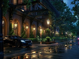 At the hotel entrance, a silver car is parked, its headlights casting a warm glow against the backdrop of a tranquil evening. The serene atmosphere welcomes arrival at the desired destination.