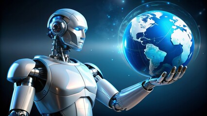 Metallic robot grasping bright blue globe with white continents, surrounded by subtle futuristic ambiance, conveying technological global dominance.