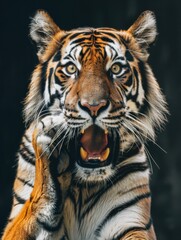 Obraz premium A very surprised and shocked tiger with its mouth open and paws touching its head. Funny inspired animal