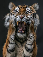 Fototapeta premium A very surprised and shocked tiger with its mouth open and paws touching its head. Funny inspired animal