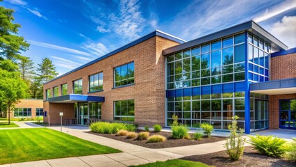 Modern, eco-friendly, brick-faced elementary school building with bright blue accents, large windows, and lush greenery surrounding the entrance.