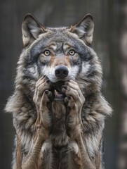 Naklejka premium A very surprised and shocked wolf with its mouth open and paws touching its head. Funny inspired animal