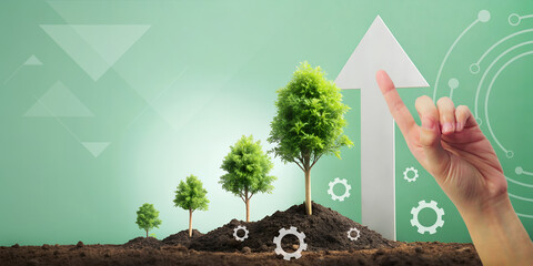 Abstract background. hands and arrows with growing trees in business development concept towards...