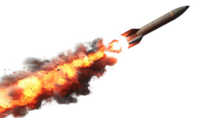 a futuristic Rocket Missile moving with speed leaving a fire trail behind with smoke and dust isolated on transparent background
