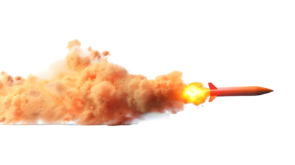 a futuristic Rocket Missile moving with speed leaving a fire trail behind with smoke and dust isolated on transparent background