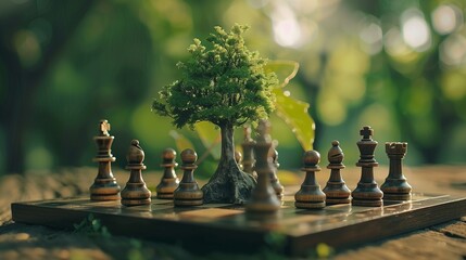 Chess game under a lush tree symbolizing sustainability and strategic environmental protection. Effective tactics for nature conservation are depicted through the thoughtful placement of chess pieces.