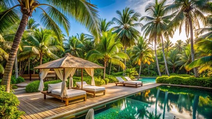 Fototapeta premium Luxurious exotic spa resort scenery featuring a serene white beachside resting area surrounded by lush tropical greenery and palm trees.