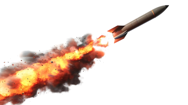 a futuristic Rocket Missile moving with speed leaving a fire trail behind with smoke and dust isolated on transparent background