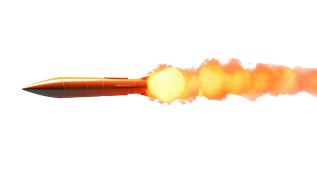 a futuristic Rocket Missile moving with speed leaving a fire trail behind with smoke and dust isolated on transparent background
