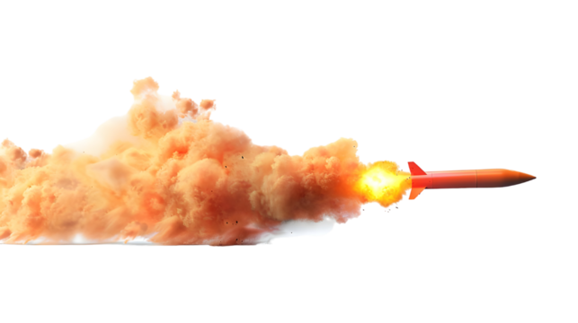 a futuristic Rocket Missile moving with speed leaving a fire trail behind with smoke and dust isolated on transparent background