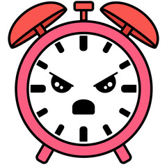 A cartoonish alarm clock with a angry face. The clock is red and white