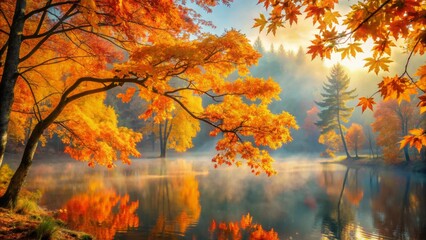 Vibrant oranges and yellows of autumn foliage softly glow against a serene, misty background in delicate pastel hues.