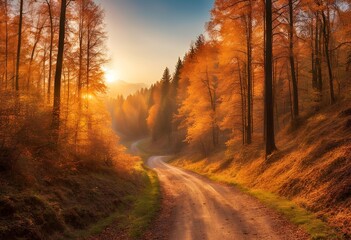 Fototapeta premium Golden Mornings, A Panoramic View of Fall's Splendor.