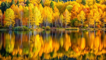 Fototapeta premium Vibrant yellow birch trees stand tall amidst autumn foliage, reflected in serene lake waters, surrounded by warm fall colors in soft watercolor hues.