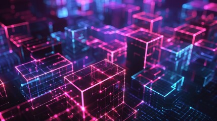 Interconnected neon pink and blue cubes in a 3D abstract design