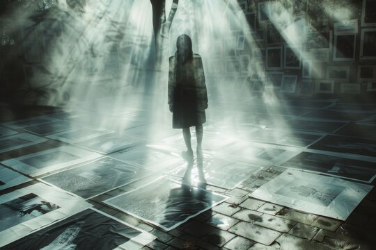 Woman standing in a dark room with light coming through, International Day of the Disappeared