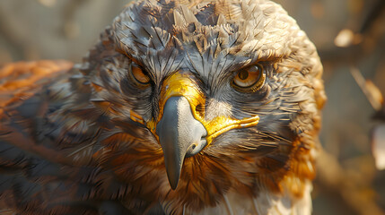 A close up of a bird of prey with a yellow eye