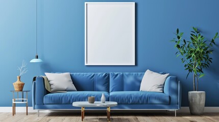 Blank poster in blue living room background, 3d illustratio