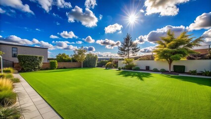 Fototapeta premium A serene and immaculate bright green artificial lawn sprawls under a clear blue sky with a few white fluffy clouds.