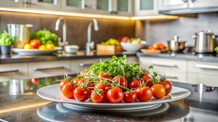 Exquisite gourmet dish featuring vibrant cherry tomatoes and microgreens atop a pristine plate on a bustling kitchen counter.