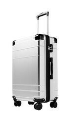 suitcases isolated on white background, modern silver hard shell luggage cut out.