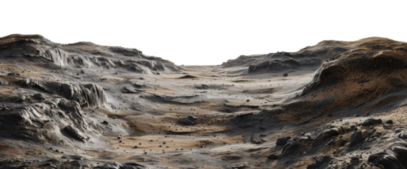 Rocky landscape with grey and brown terrain, cut out - stock png.